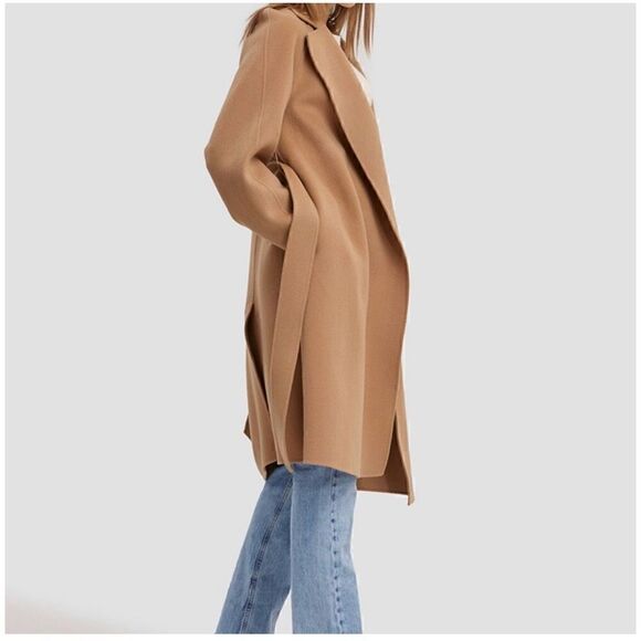 Gentle Herd Women’s Single Breasted Belted Wrap Wool Coat in Color Camel - Picture 16 of 16